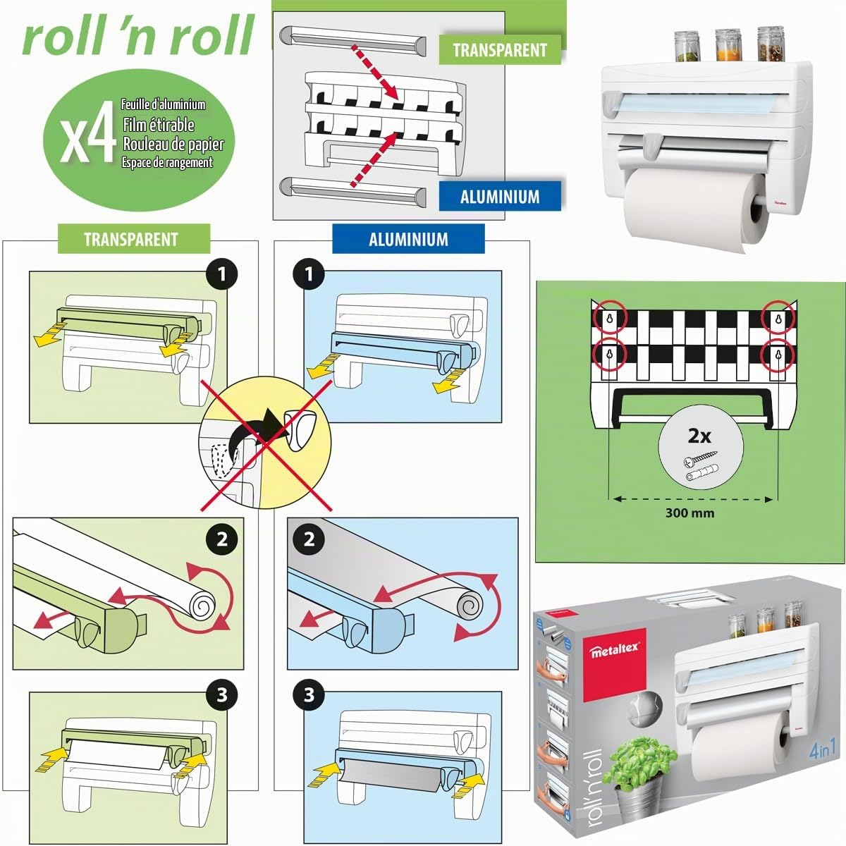 metaltex-roll-n-roll-distributeur-d-essuie-tout-4-en-1-blanc-avec-2-lames image 3